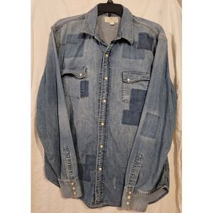 Lucky Brand Unisex Large Blue Denim Pearl Snap Western Shirt Long Sleeve